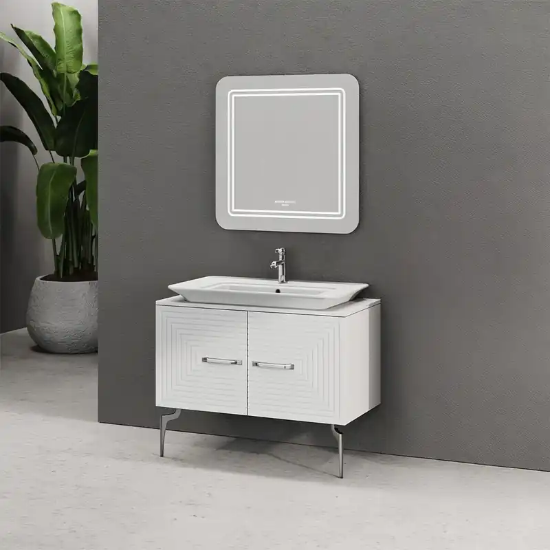 Set mobilier baie Pierre Cardin Halley, 3 piese, oglinda cu LED, alb-argintiu, 100 cm Popular