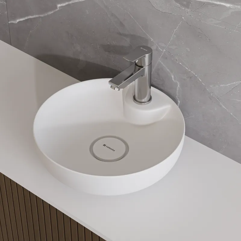 Lavoar baie pe blat Celesta Lara, 42 x 42 x 13 cm, orificiu baterie, ceramica, alb mat Mai ieftin