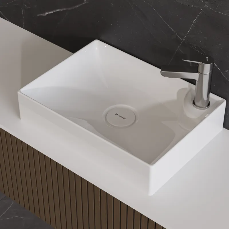 Lavoar baie pe blat Celesta Montreal, 50 x 36 x 11 cm, orificiu baterie, ceramica, alb lucios Cumpără acum