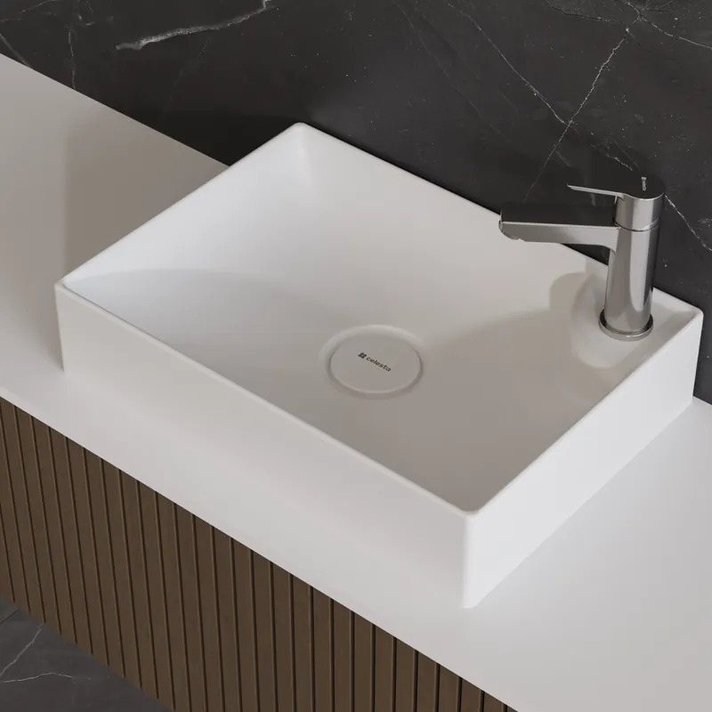 Premium Lavoar baie pe blat Celesta Montreal, 50 x 36 x 11 cm, orificiu baterie, ceramica, alb mat