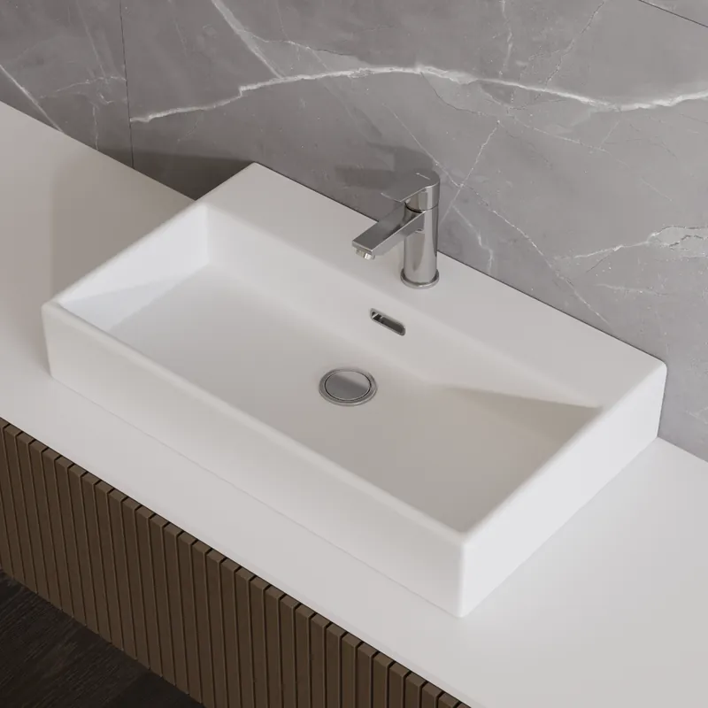 Disponibil imediat Lavoar baie pe blat Celesta Urban 70, 70 x 41 x 14 cm, orificiu baterie ceramica, alb mat