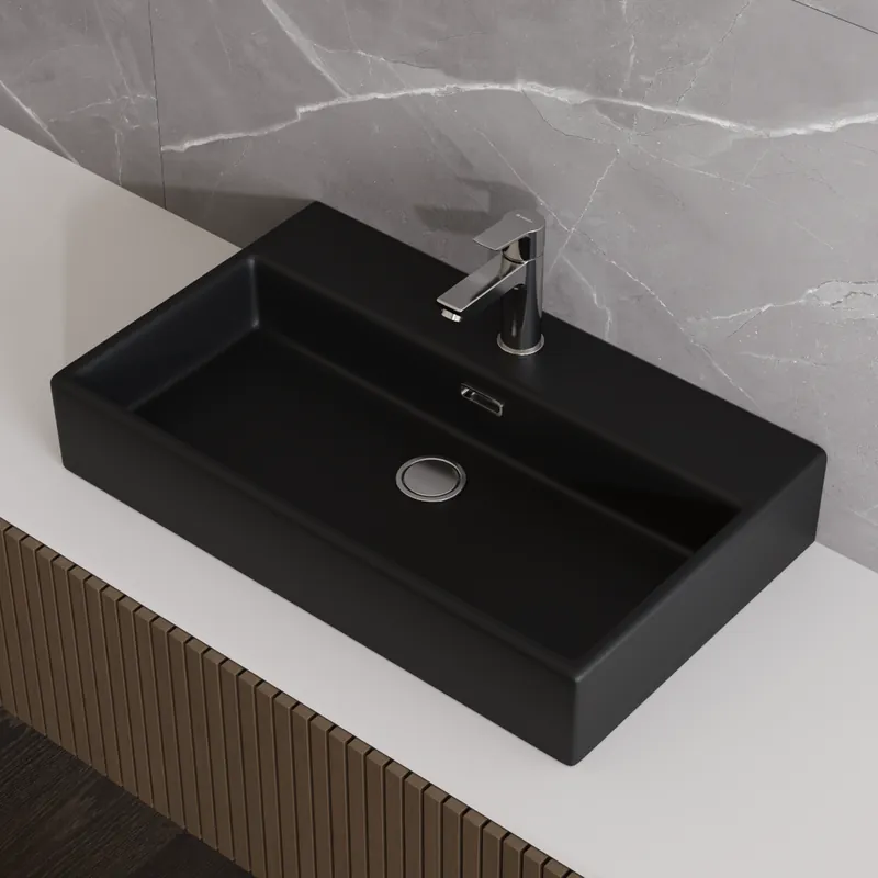 Lavoar baie pe blat Celesta Urban 70, 70 x 41 x 14 cm, orificiu baterie ceramica, negru mat Livrare expres