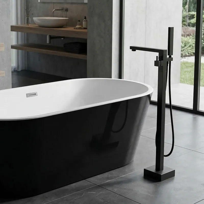 Ofertă specială Baterie cada baie freestanding cu montaj pe pardoseala, cadru patrat, alama sanitara, culoare neagra