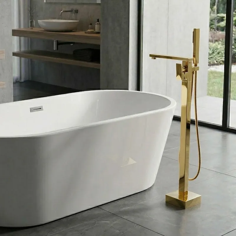 Reduceri Baterie baie cada freestanding cu montaj pe pardoseala (stativa), cadru patrat, aurie, lucioasa