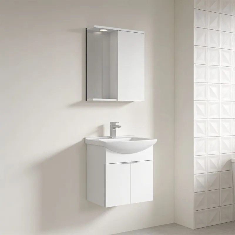 Ofertă limitată Set mobilier baie Orka Purus, 3 piese, cu usi, oglinda cu LED si dulap integrat, suspendat, alb, 55 cm