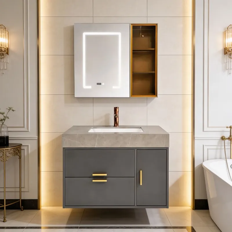 Reduceri Set mobilier baie Celesta Mensa Grey, plywood, 3 piese, cu sertare si usa cu inchidere lenta, suspendat, 80 cm