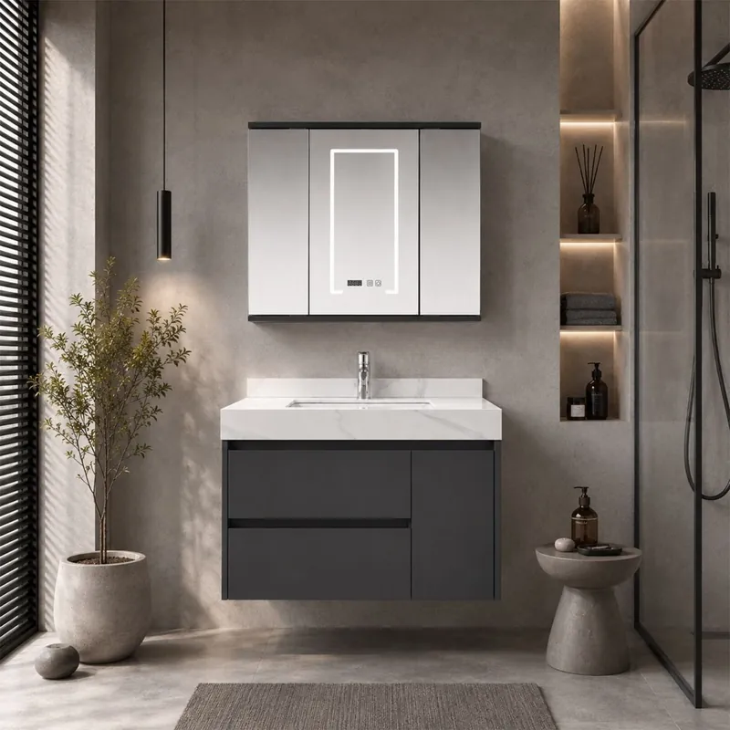 Set mobilier baie Celesta Corvus Grey, plywood, 3 piese, cu sertare si usa cu inchidere lenta, suspendat, 80 cm Preț promoțional