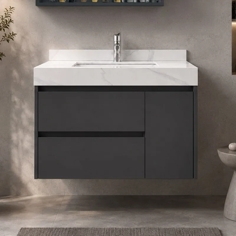 Masca baie cu lavoar inclus Celesta Corvus Grey, plywood, cu sertare si usa cu inchidere lenta, suspendat, 80 cm Chilipir