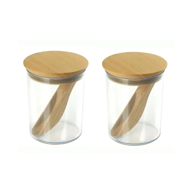Recipiente pentru condimente, din plastic si lemn, 9 x 9 x 10 cm, transparent (set 2 buc) Livrare expres