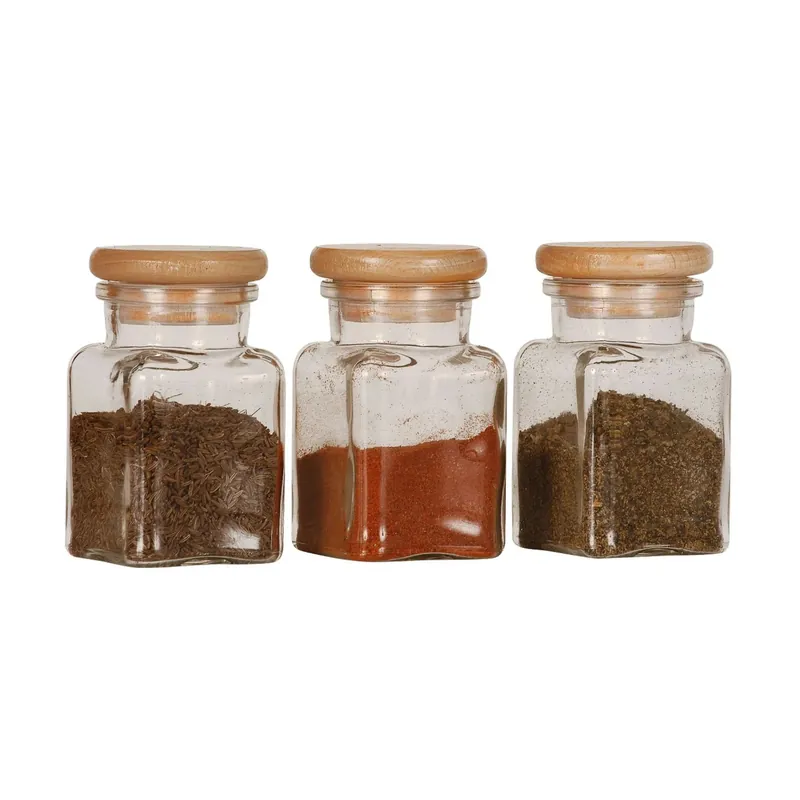 Recipiente pentru condimente, din sticla si lemn, 17.2 x 5.7 x 10 cm, transparent (set 3 buc) Reducere specială