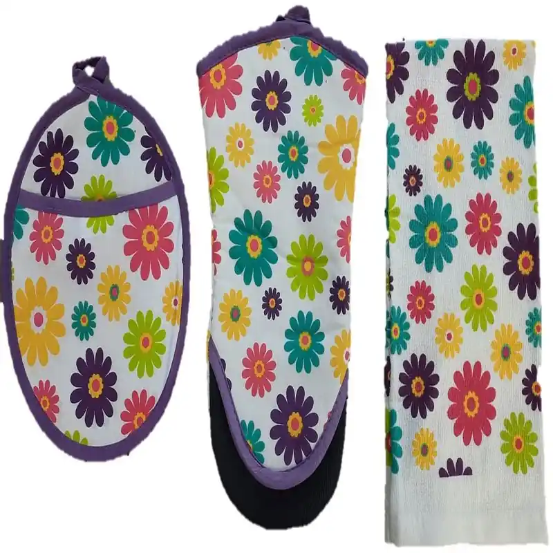 Set 3 piese bucatarie, neopren flori, 1 manusa bucatarie 33 cm, 1 suport termic 19x24 cm, 1 prosop 38x63.5 cm Mai ieftin