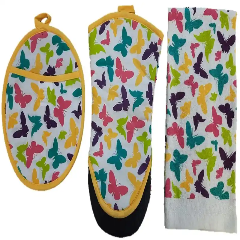 Cumpără acum Set 3 piese bucatarie, neopren fluturi, 1 manusa bucatarie 33 cm, 1 suport termic 19x24 cm, 1 prosop 38x63.5 cm