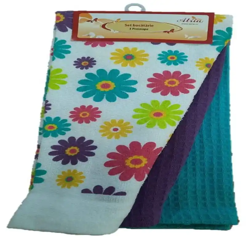 Set 3 piese prosoape bucatarie flori, bumbac, 38x63.5 cm Ofertă