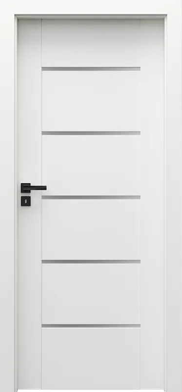 Set Usa Interior PORTA VERTE Premium model E.5, cu sticla transparenta, finisaj Portadecor Alb si Toc Porta System 75-95 mm, fara maner Plată securizată