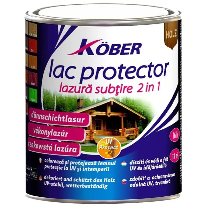 Lac subtire, pentru lemn, 0.75 L, nuc mediu, 2 in 1, interior / exterior, Kober Ieftin