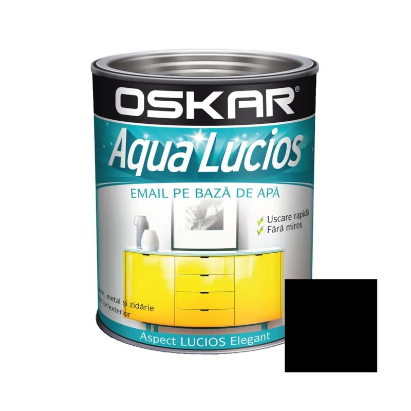 Vopsea pentru lemn / metal, negru accent, 0.6 L, interior / exterior, pe baza de apa, Aqua Lucios, Oskar Preț mic