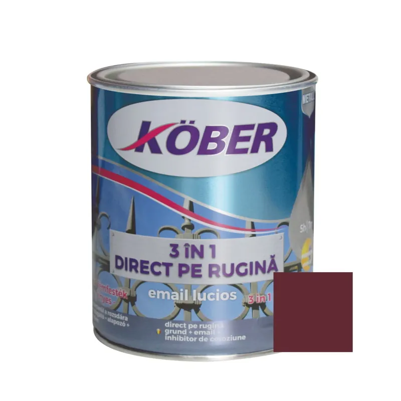 Vopsea alchidica, pentru metal, 2.5 L, rosu vin, 3 in 1, interior / exterior, direct pe rugina, Kober Promoție