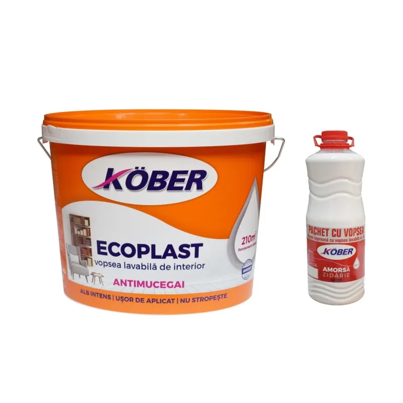 Vopsea lavabila, interior, alb, antimucegai, 15 L, Ecoplast + amorsa zidarie, 3 L, Kober Ieftin