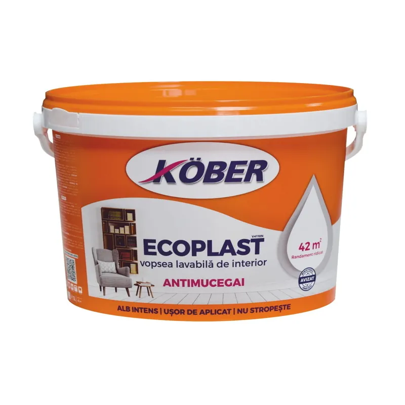Premium Vopsea lavabila, interior, alb, antimucegai, 3 L, Ecoplast, Kober