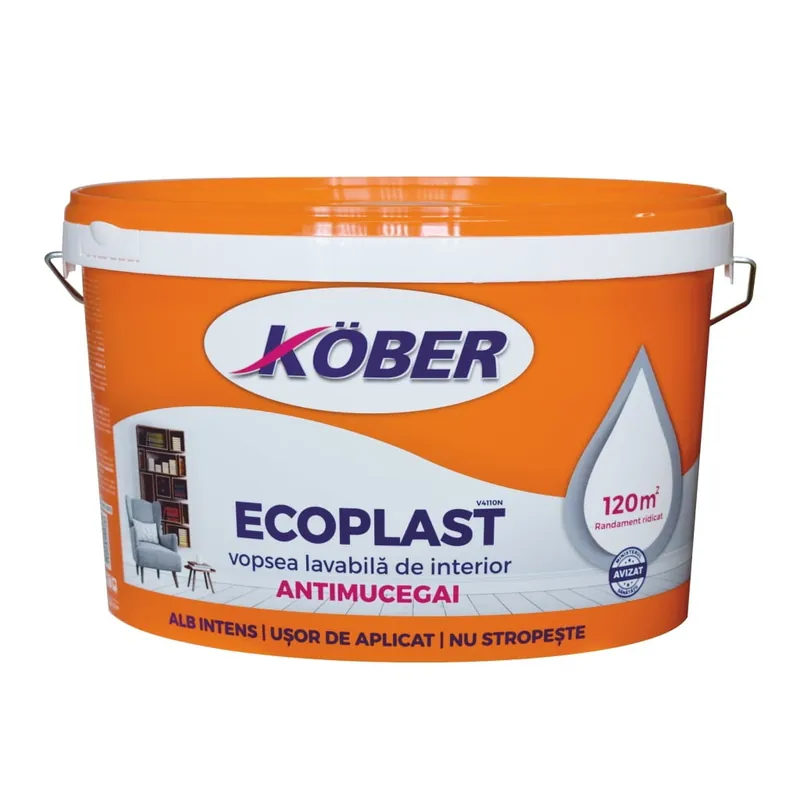 Vopsea lavabila, interior, alb, antimucegai, 8.5 L, Ecoplast, Kober Reducere