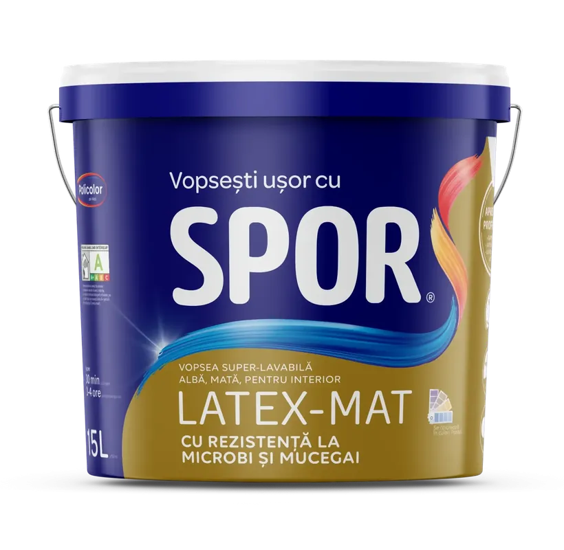 Vopsea lavabila interior, alba, 15L, SPOR LATEX-MAT Doar azi