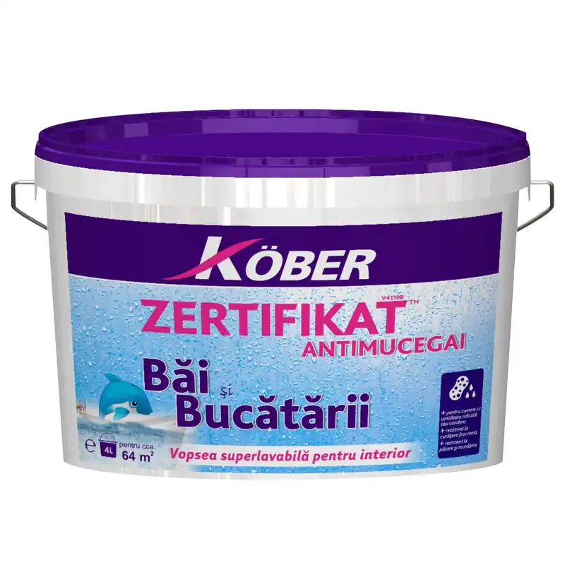 Livrare expres Vopsea lavabila, pentru baie si bucatarie, antimucegai, alb, 4 L, Zertifikat Plus, Kober