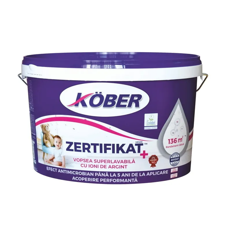Vezi acum Vopsea lavabila, de interior, alb, 8.5 L, Zertifikat Plus, Kober