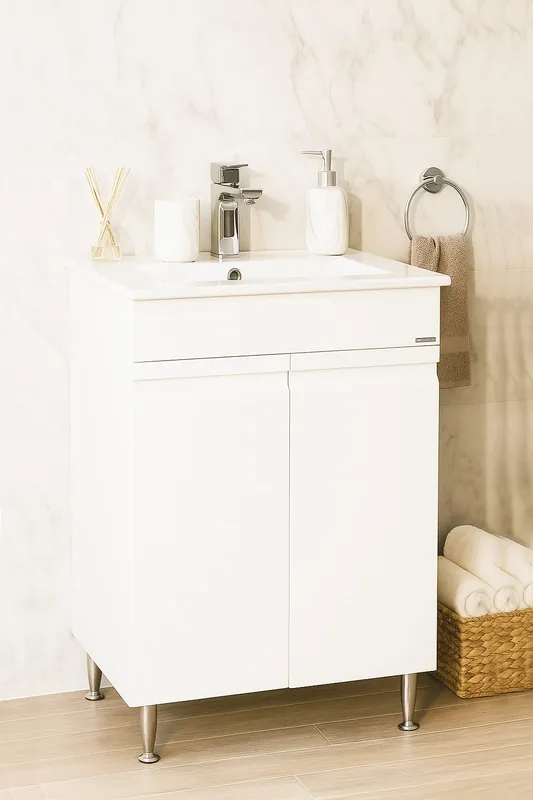Popular Mobilier baie kit si lavoar, Seria 086, 50 cm, Alb, BadenMob