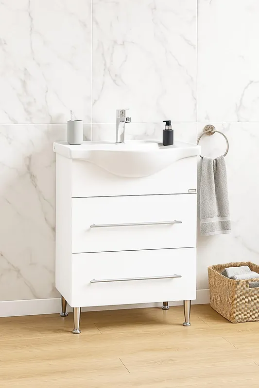 Comandă acum Mobilier baie kit si lavoar, Seria 187, 55 cm, Alb, BadenMob