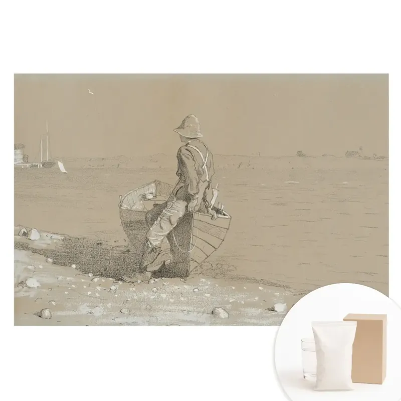 Discount Tapet foto din material nețesut cu bărbat și barcă pe plajă