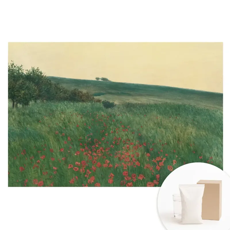Fototapet mare pentru perete cu pajiște rustică cu maci și copaci Disponibil imediat
