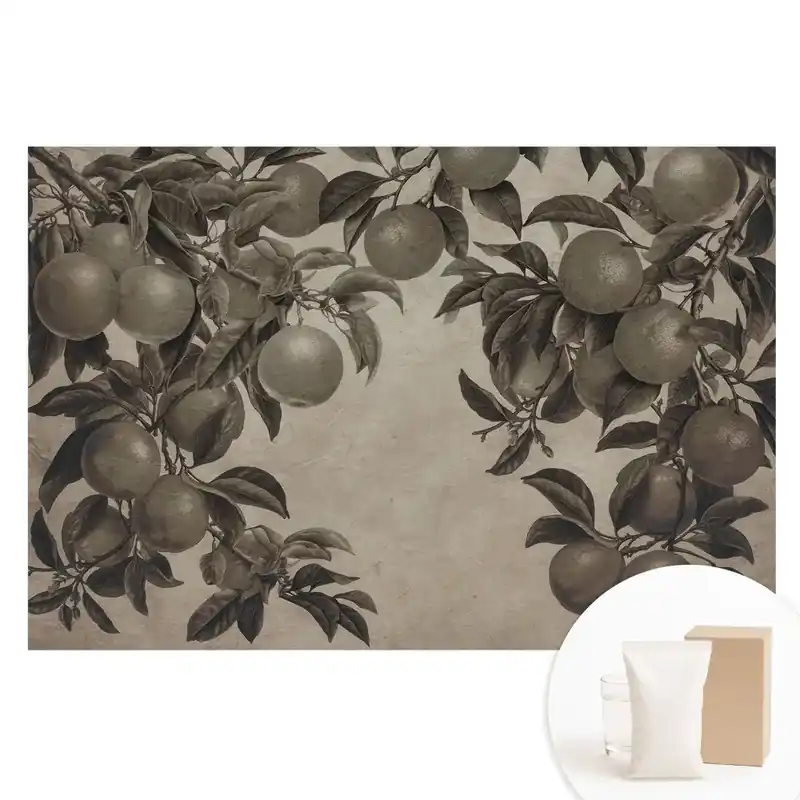 Tapet fotografic din material nețesut cu frunze de fructe în stil vintage monocrom Reducere extra