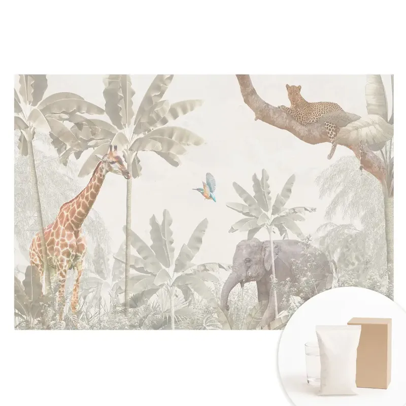 Cel mai vândut Tapet fotomural nețesut cu design de faună și floră exotică în tonuri pastelate