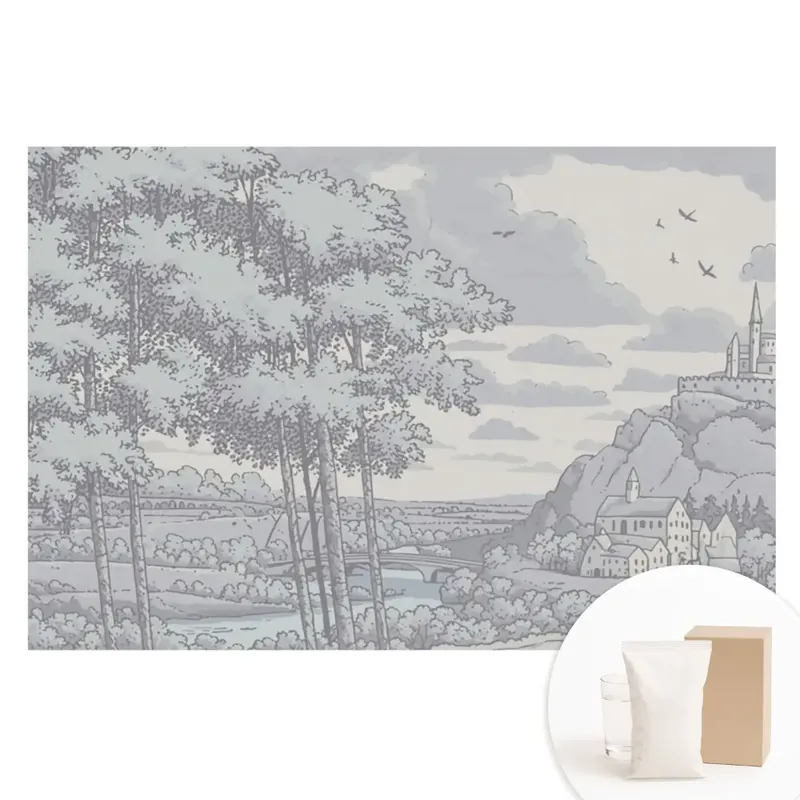 Tapet nețesut cu imprimeu ilustrație clasică cu castel, pădure și râu Cumpărături sigure