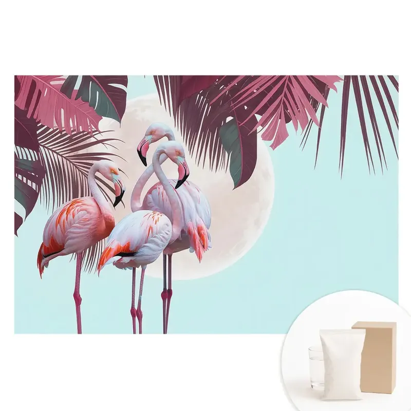 Tapet nețesut cu imprimeu tropical cu flamingo colorați Ofertă de sezon
