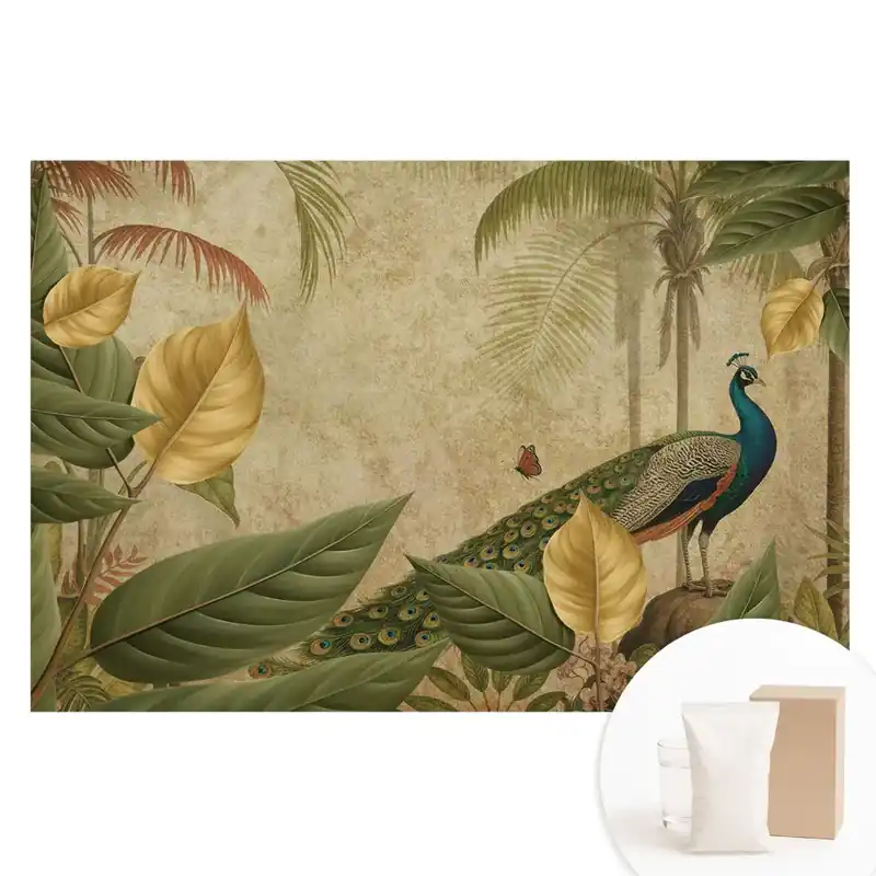 Tapet fotografic nețesut cu motiv de păun tropical printre verdeață Cumpărături sigure