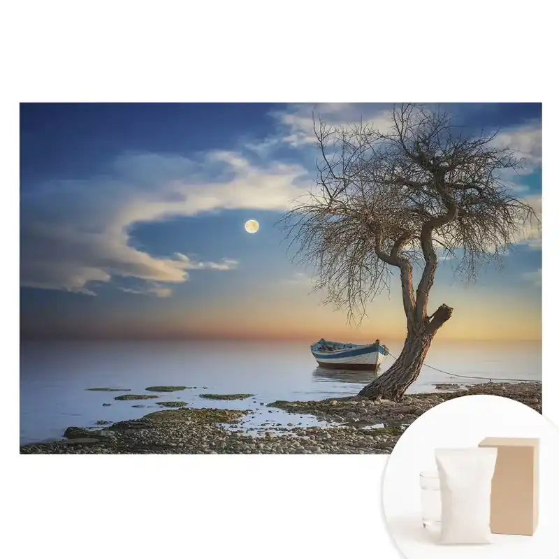 Tapet fotomural pe material nețesut cu peisaj de apus romantic cu barcă și copac Popular