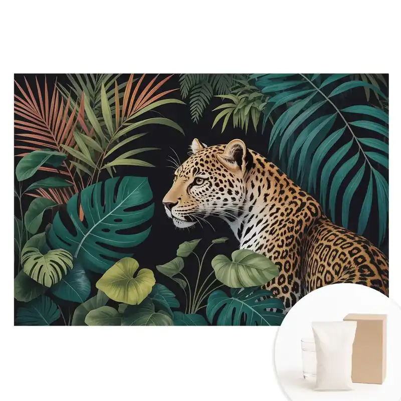 Fototapet din material nețesut cu imprimeu leopard printre frunzele junglei Retur gratuit