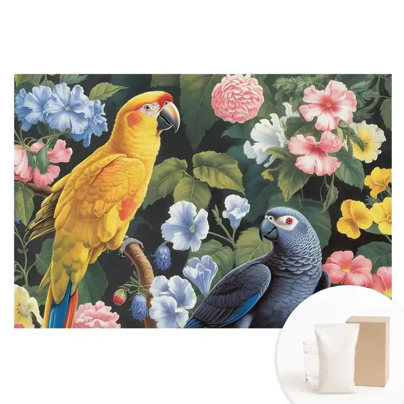 Tapet nețesut cu păsări tropicale și flori colorate Discount