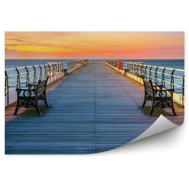 Fototapet Ocean Beach Sunset Benches Pier Nord-Estul Angliei Expediere rapidă
