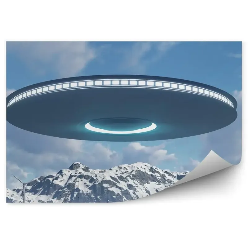 Preț redus Fototapet vintage Ozn Nori Cer Munți Case Fabrică Mori De Vânt Iarnă Zăpadă 3D