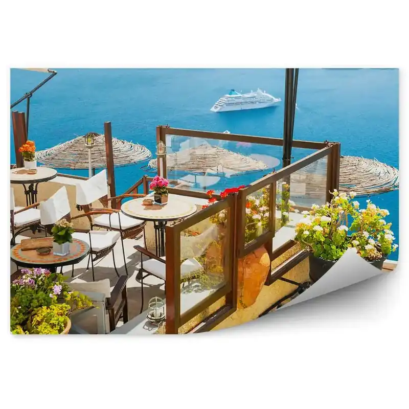 Cumpără online Decor fototapet Terasa Scaune Mese Flori Constructie Ferry Munti Ocean