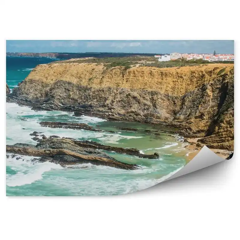 Reducere specială Fototapet vintage Faleza Plaja Oceanul Atlantic Valuri Cer Nori Arhitectura Verdeata