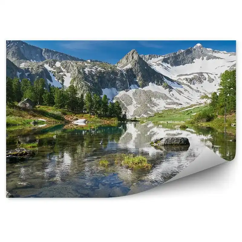 Fototapet vintage Munți, Lac, Zăpadă, Pietre, Conifere, Altai, Rusia Reducere de preț