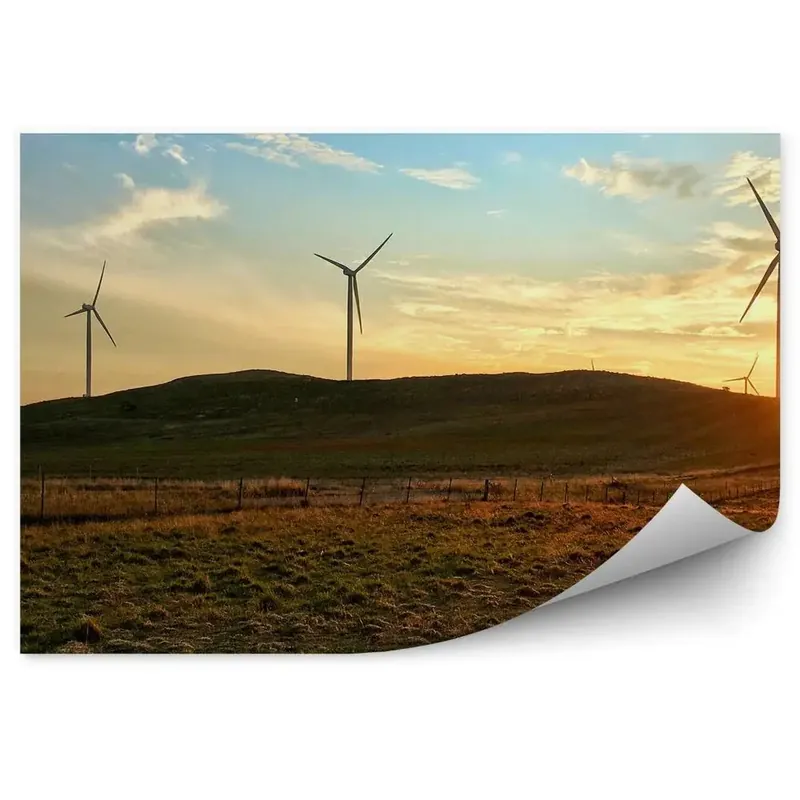 Decor fototapet Turbine De Moara De Vant Cer Nori Apus De Soare Munti Gard Iarba Preț promoțional