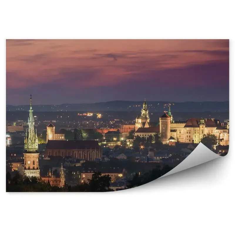 Fototapet vintage Panorama de seară a luminilor orașului vechi din Cracovia Lichidare de stoc