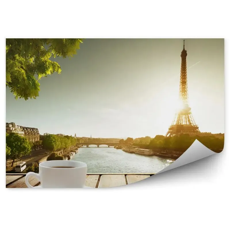 Vezi acum Fototapet Cafea pe masă Vedere a Turnului Eiffel dinspre râu