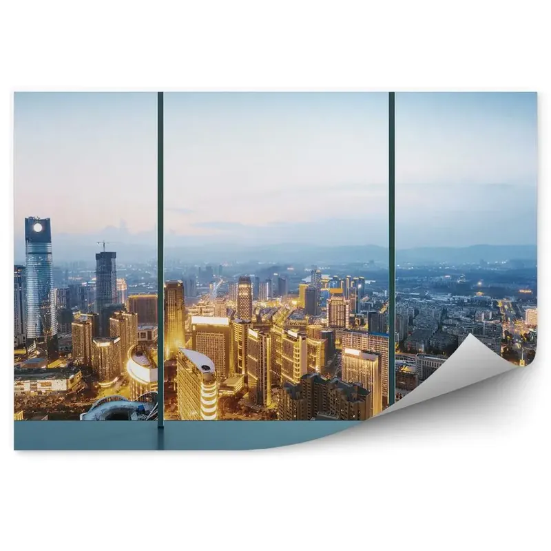 Decor fototapet Priveliște a orașului luminată de amurg de sus prin fereastră Chilipir