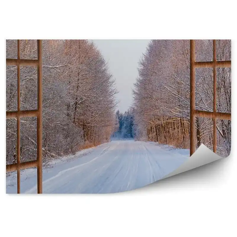 Popular Fototapet vintage Pădure de iarnă cărare de zăpadă prin fereastra de lemn deschisă