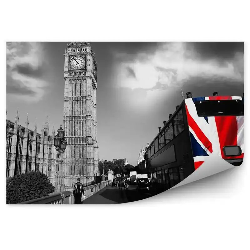 Ieftin Fototapet Fotografie alb-negru a autobuzului orașului Londra steagul Big Ben